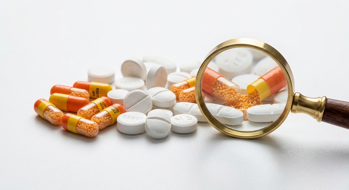 Prompt to generate image: extreme macro photograph of white pharmaceutical tablets and orange capsules arranged on a clean white surface with a magnifying glass resting beside them, crisp studio lighting, neutral background, no people